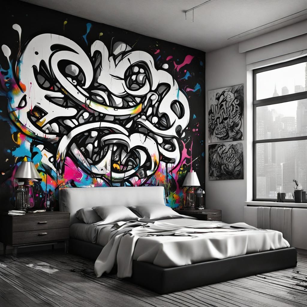 Black and White Bedroom with Graffiti Art, Splash Art