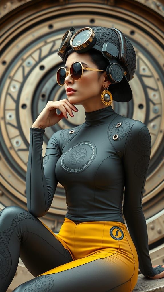 Futuristic Woman in Geometric Bodysuit, Retro-Futurist Style