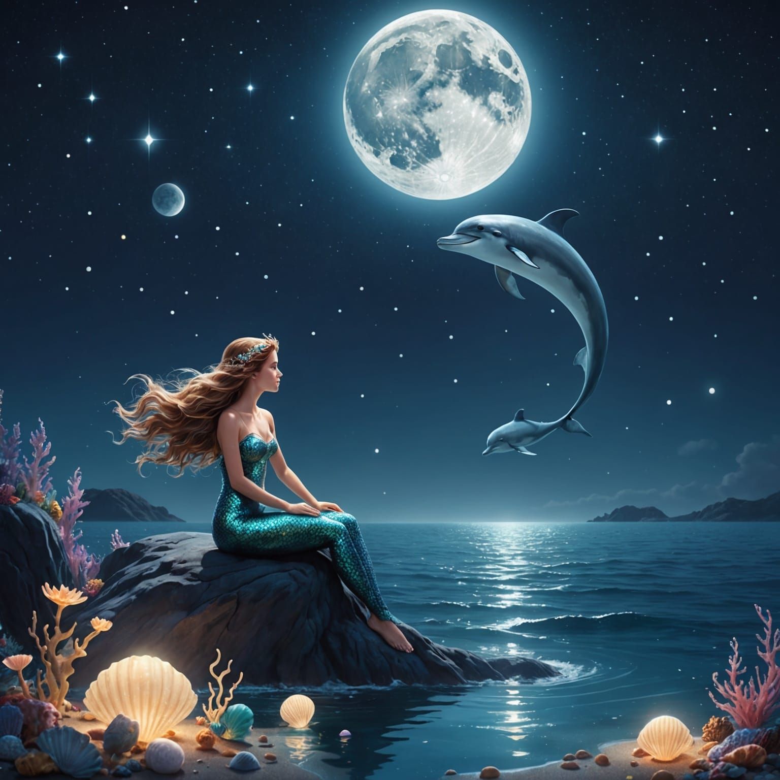 Mermaids Play Under Starry Sky, Detailed Digital Art