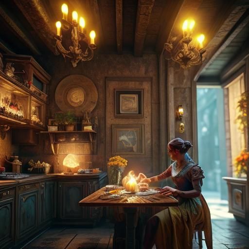 Cozy Kitchen Scene as Vivid Digital Art
