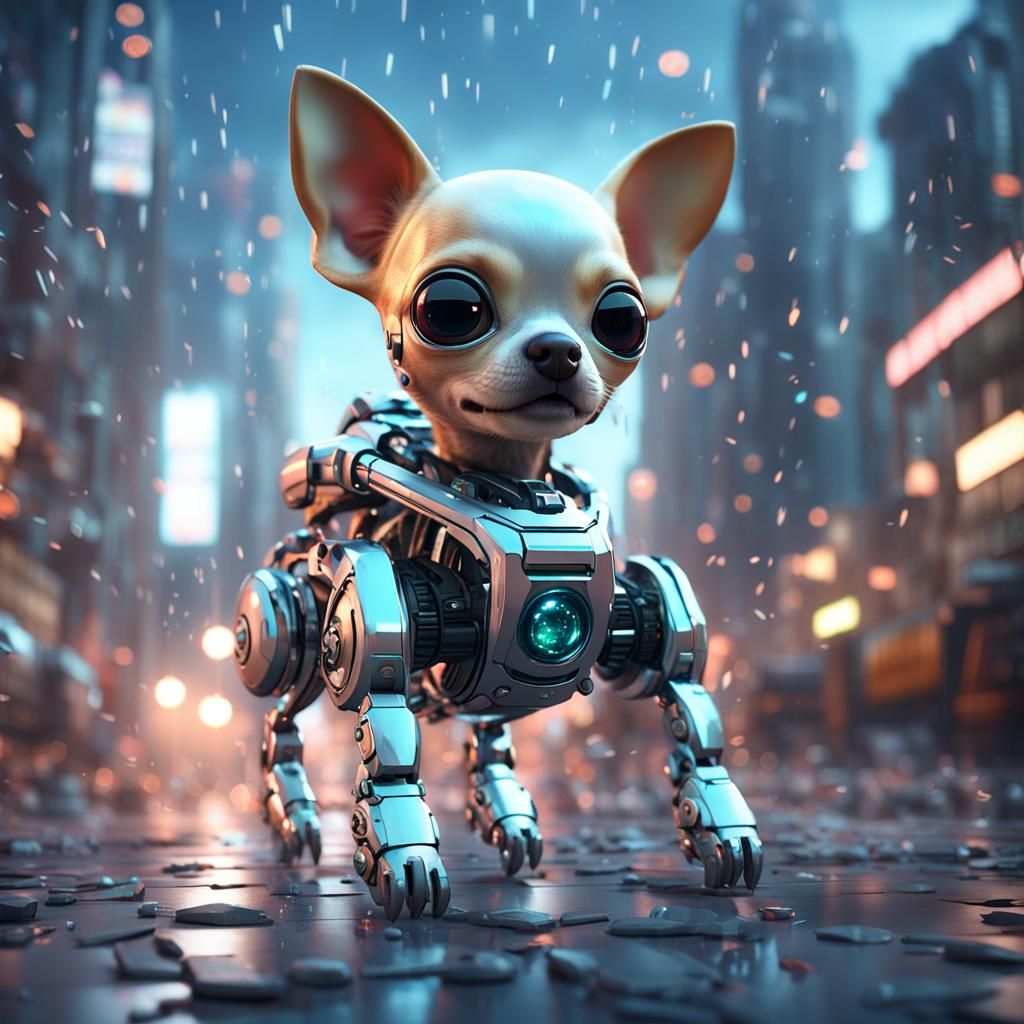 Cyborg Chihuahua in Futuristic Cityscape