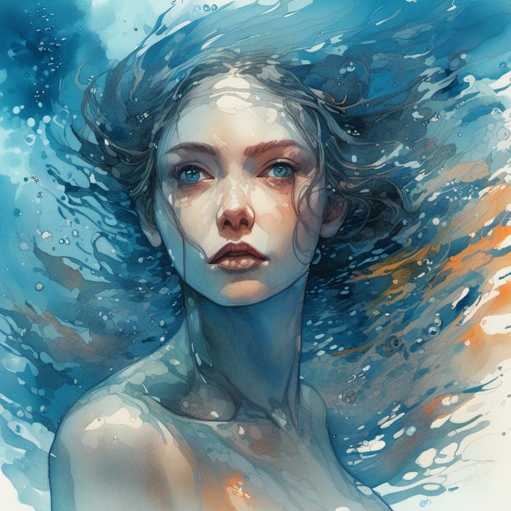 Underwater Goddess in Digital Watercolor Art