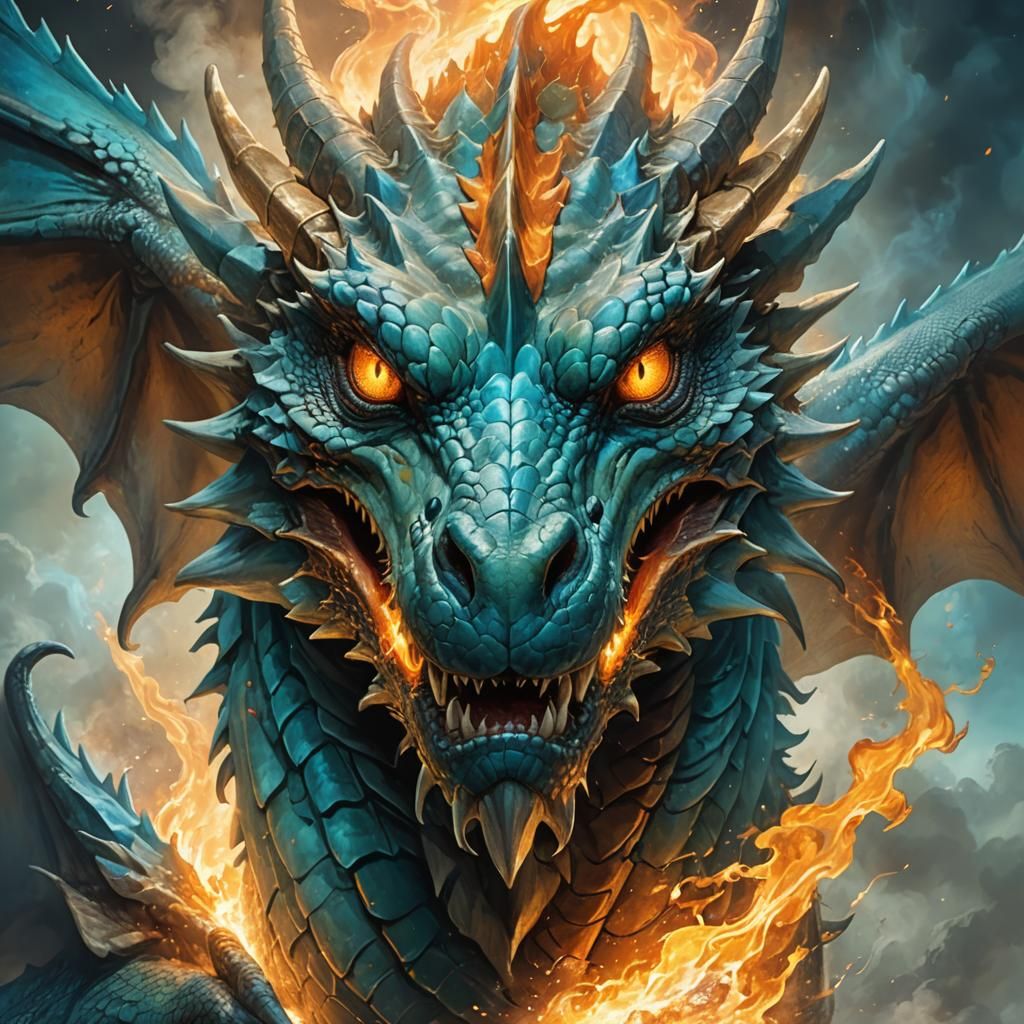 Blue and Orange Dragon Portrait in Hyper-Realistic Style