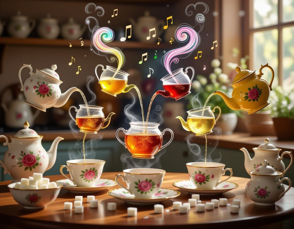Magical Teapots Pouring Glowing Tea in Enchanted Kitchen