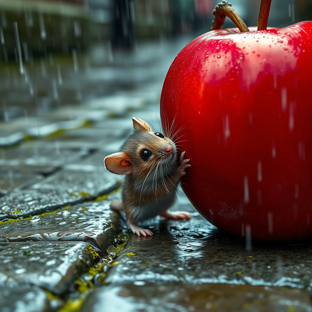 Mouse Finds Giant Apple on Rainy Cobblestone Street