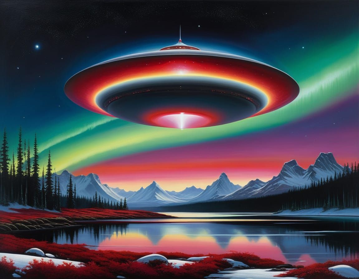 Sleek Flying Saucer Amidst Cosmic Northern Lights