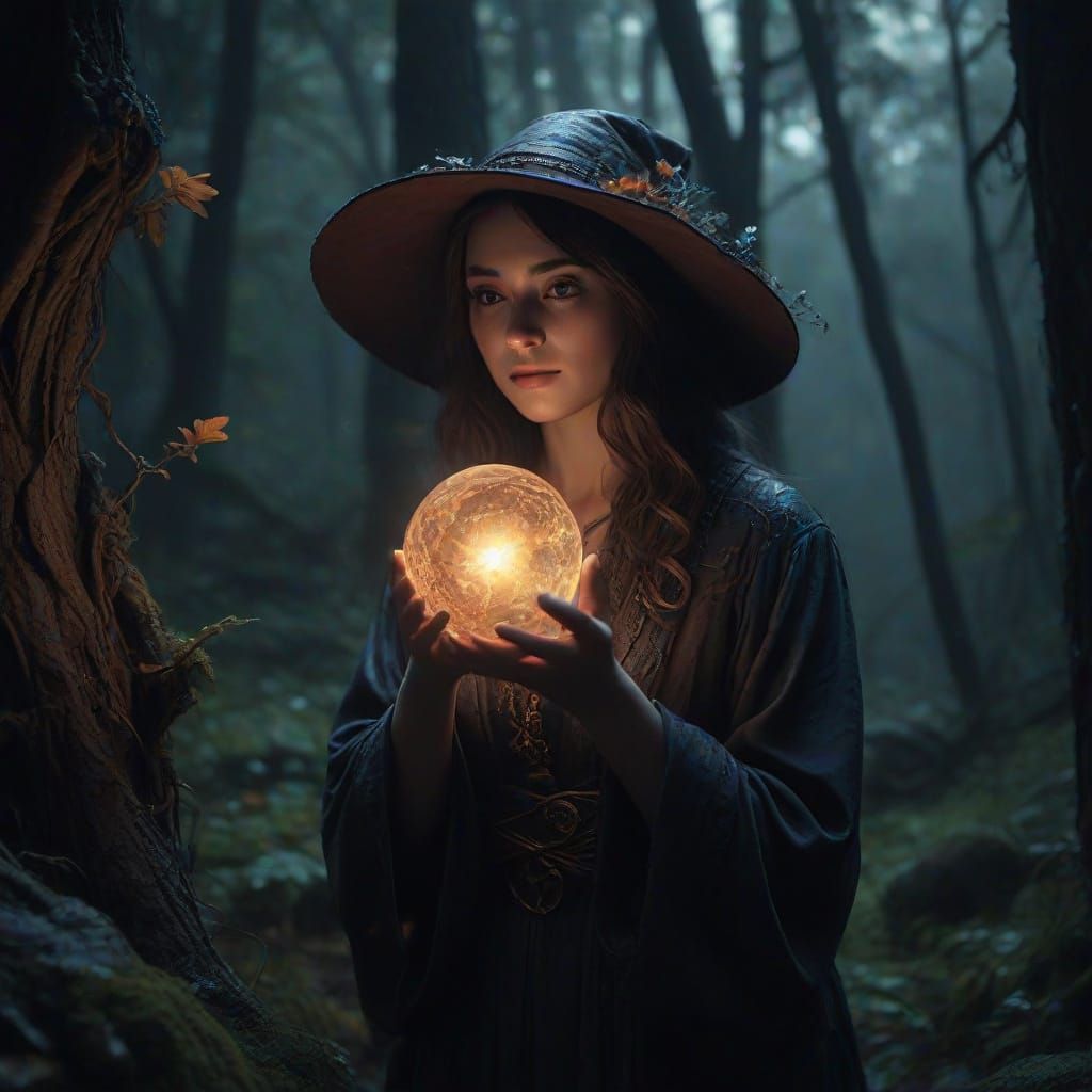 Mystical Witch with Glowing Orb in Enchanted Forest
