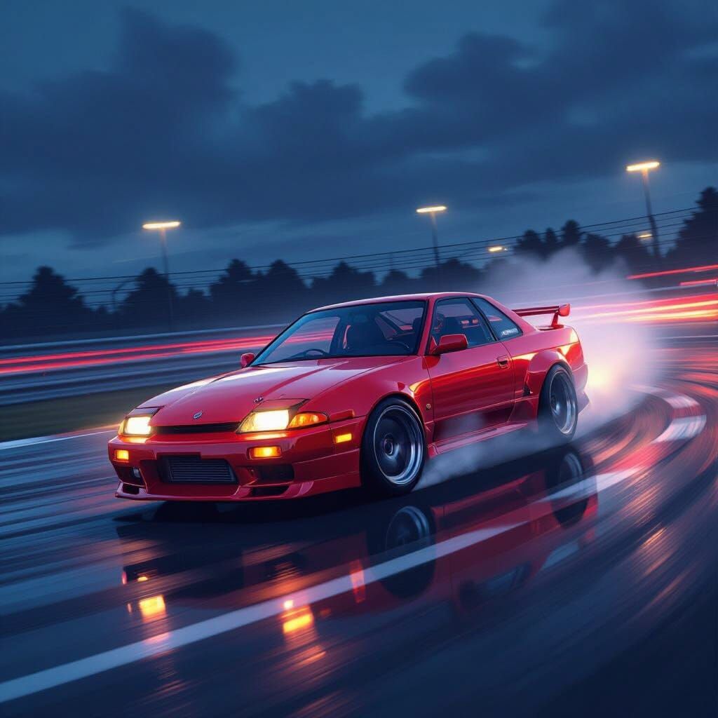 Red Nissan S13 Drifting on Wet Track at Dusk