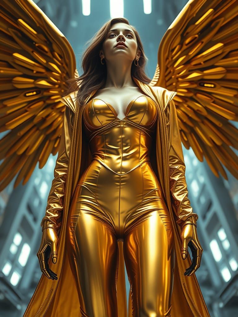 Futuristic Spacewoman Angel in Golden Suit, Retro Sci-Fi