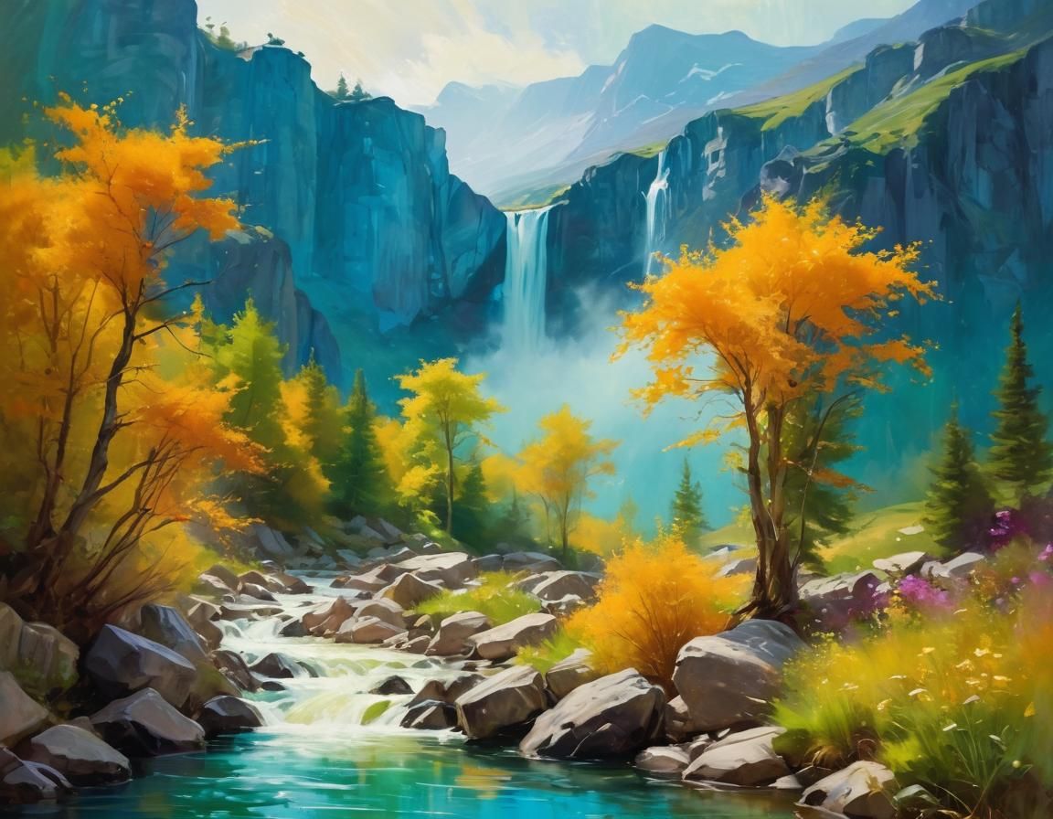 Epic Waterfalls Landscape in Oil Painting Style