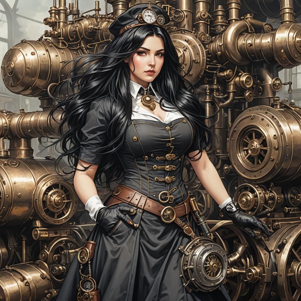 Steampunk Nurse with Black Hair and Engine