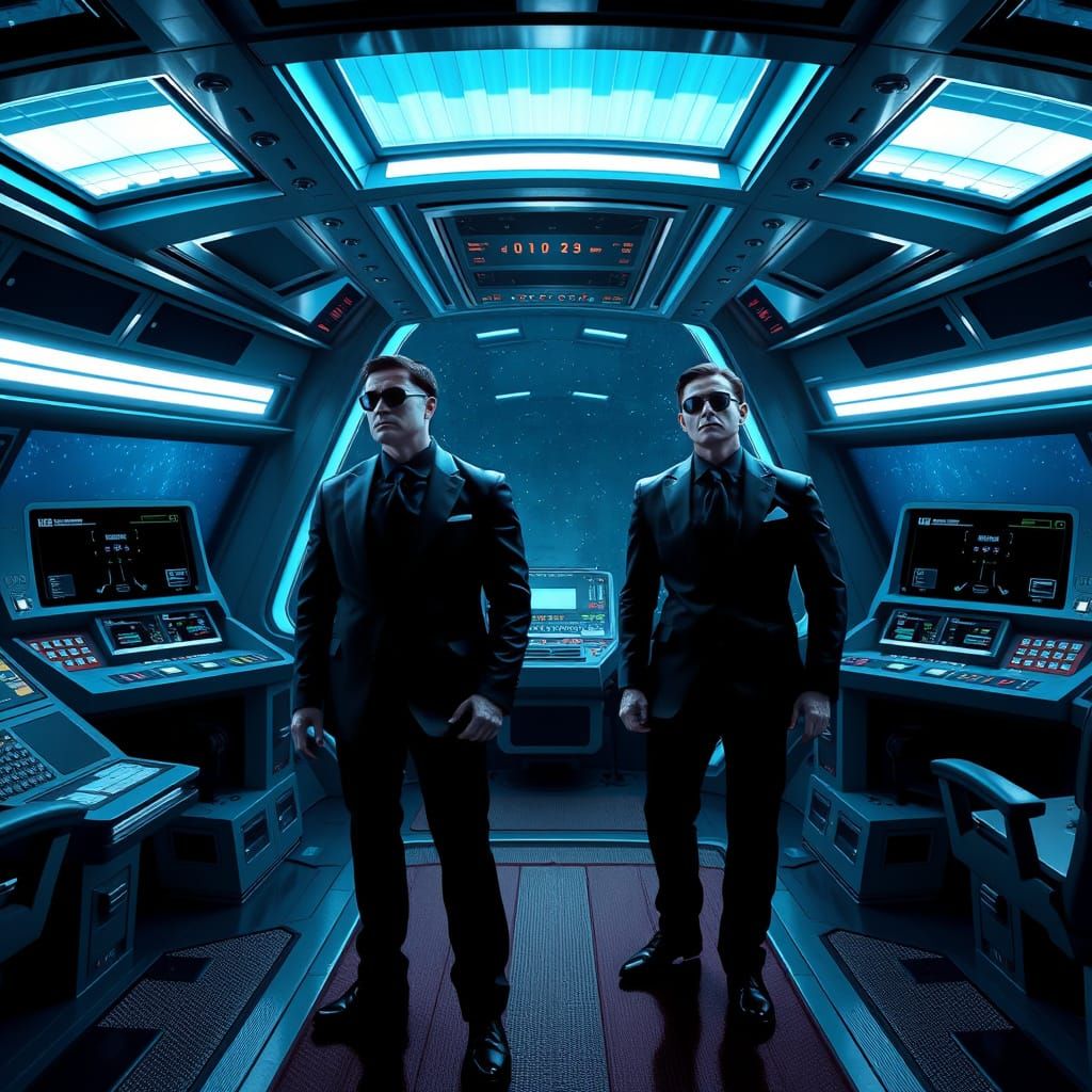 Confident Men in Black Agents on USS Enterprise Flight Deck