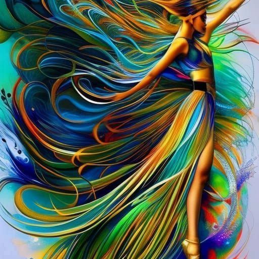 Blue-Haired Dancer in Liquid Gouache Style