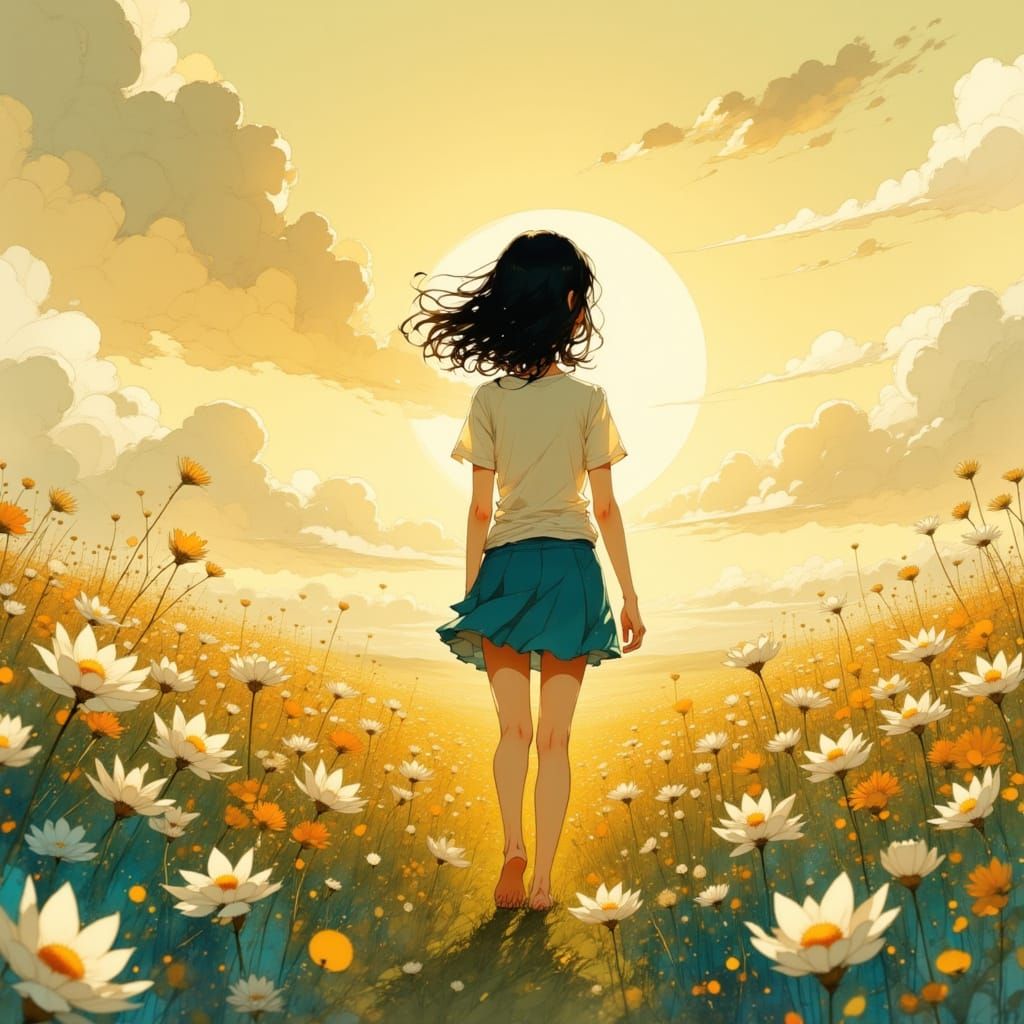 Barefoot Girl in Anime Flower Field at Sunset