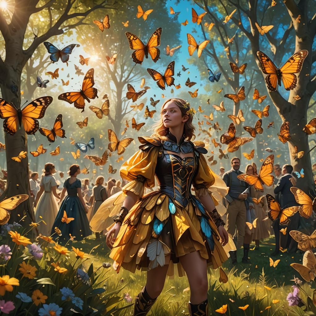 Butterflies Landing on Bee People in Meadow