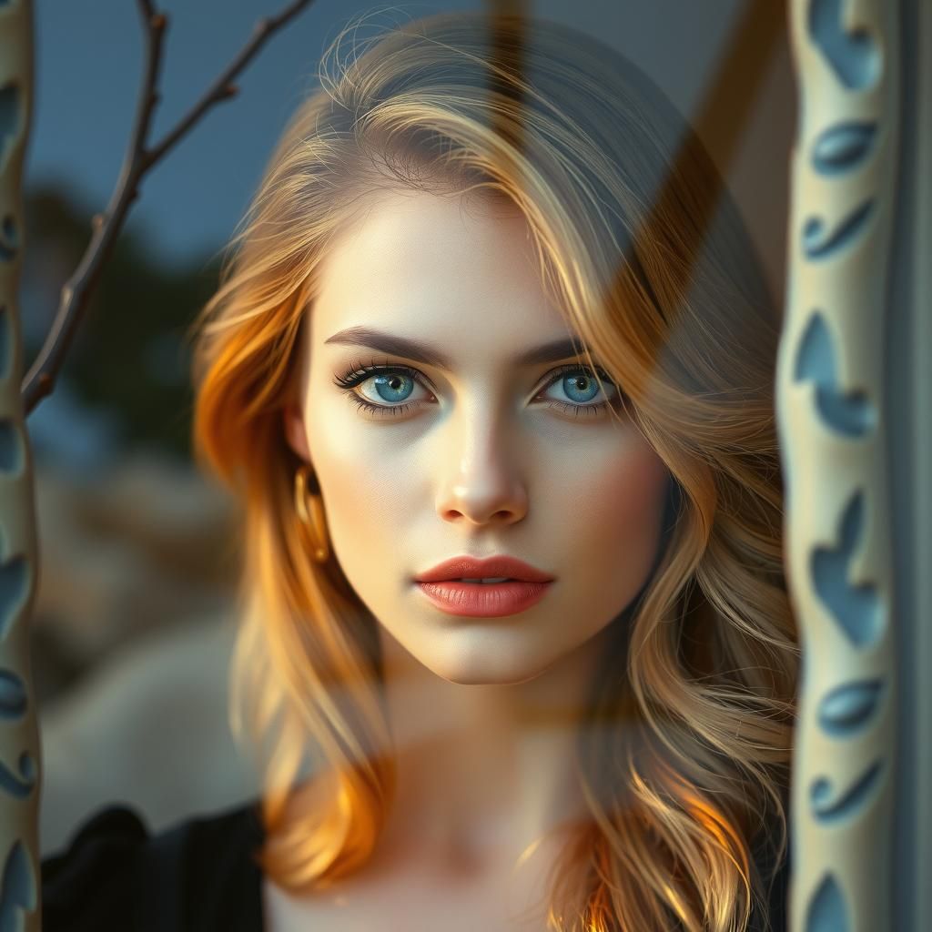 Woman Gazing Through Pastel Stained Glass Window