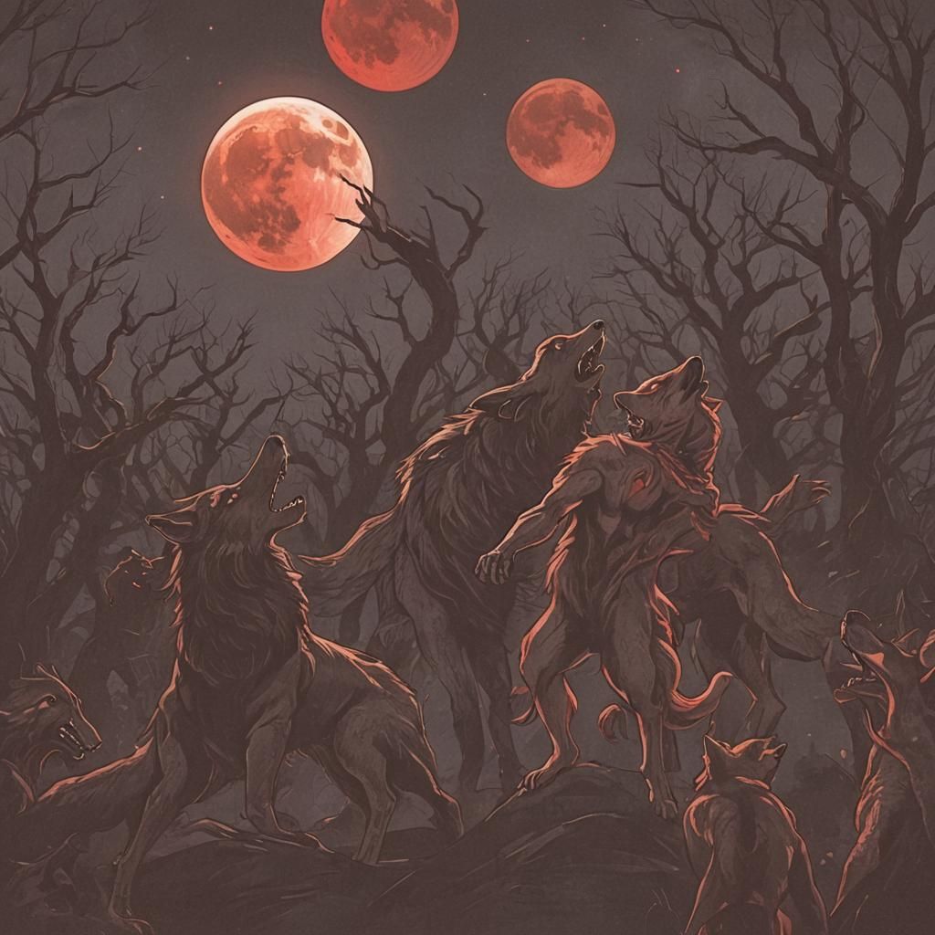Eerie Crimson Blood Moon Howled at by Werewolves