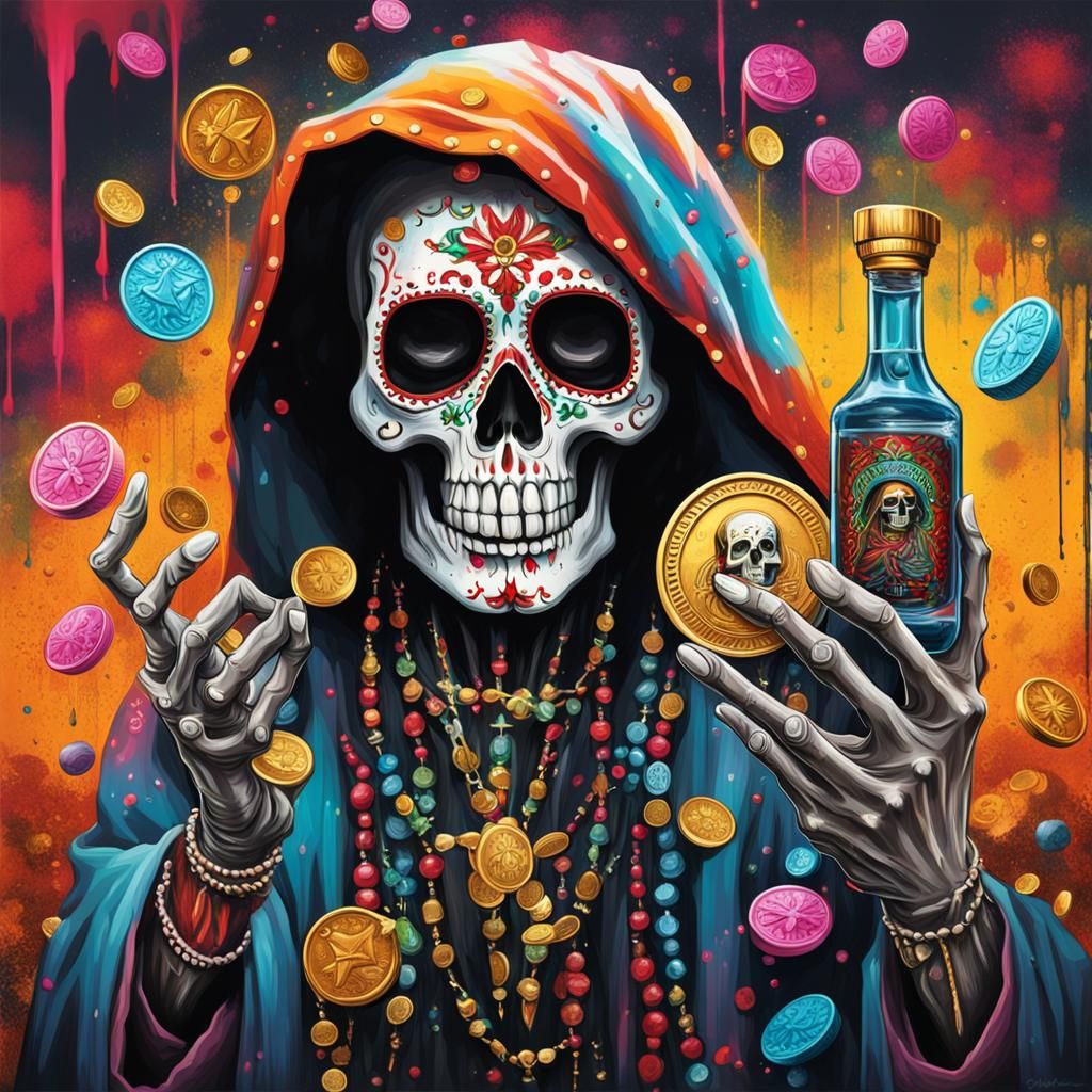 Santa Muerte Graffiti Art with Tequila and Bullets