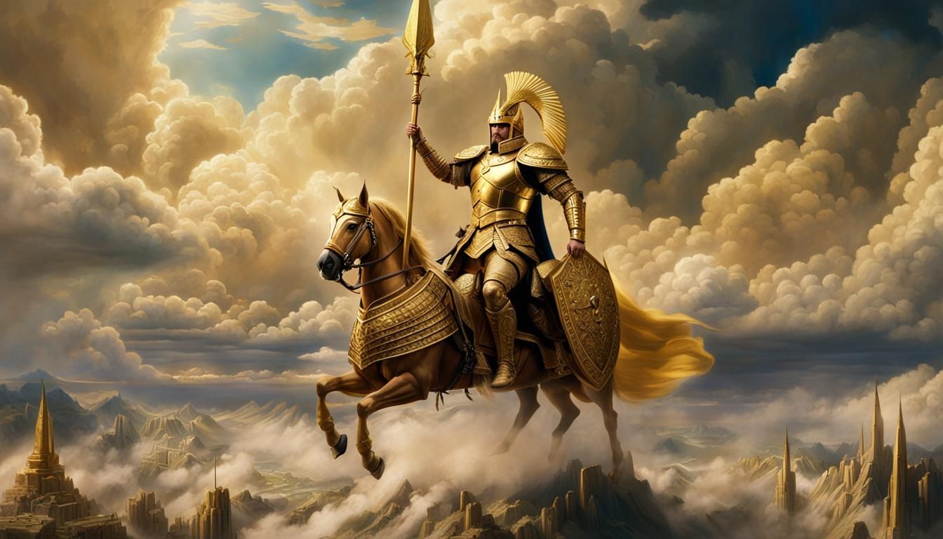 Matte painting of Gilgamesh, wearing golden armour, with sol...