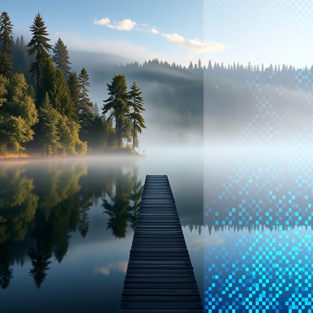 Glitch Effect Lakeside Scene in Cyberpunk Style