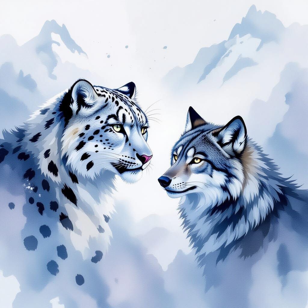 Watercolor Snow Leopard and Wolf in Snowy Mountains