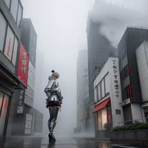 Foggy Anime Cityscape with Girl in Silver