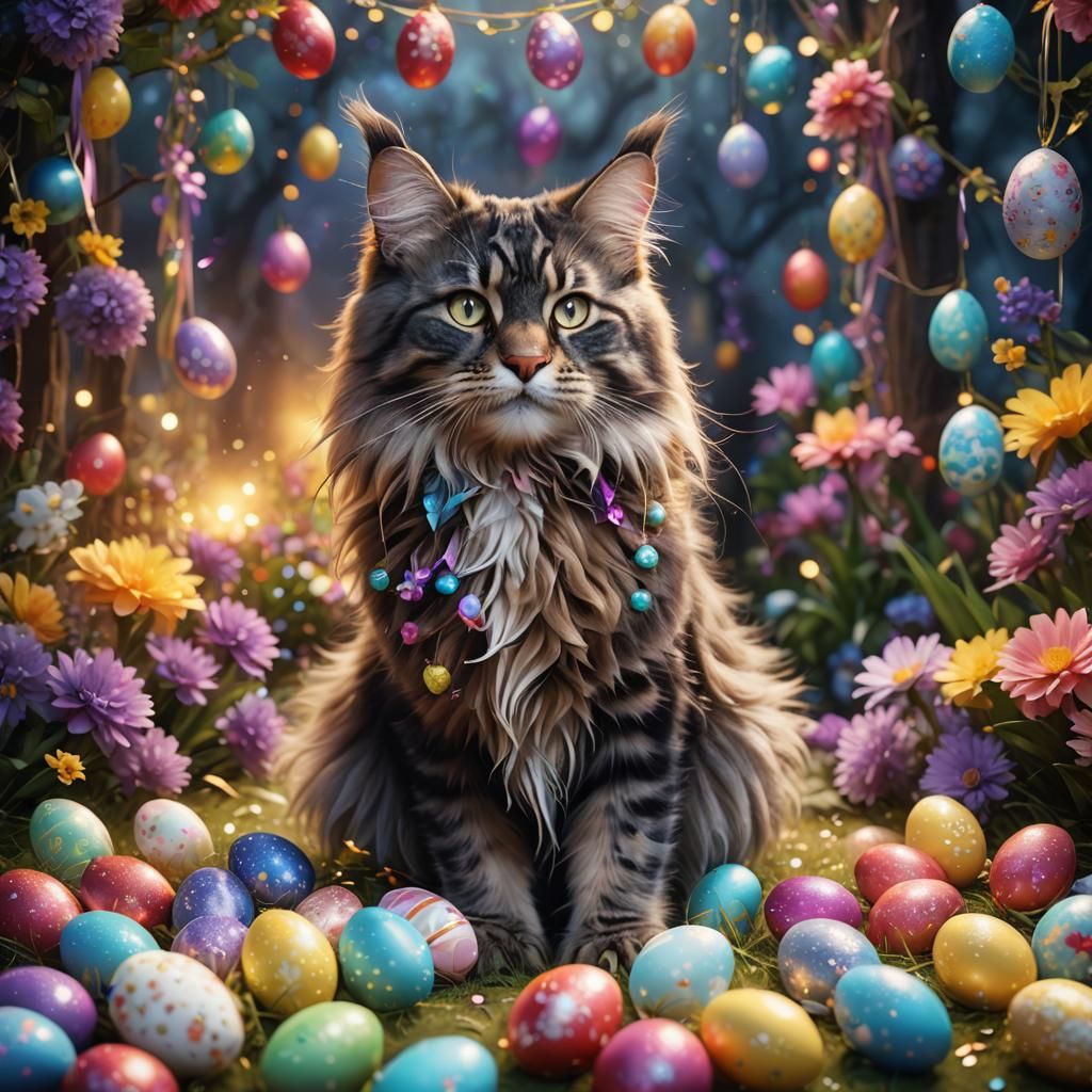 Glowing Maine Coon Cat with Easter Eggs