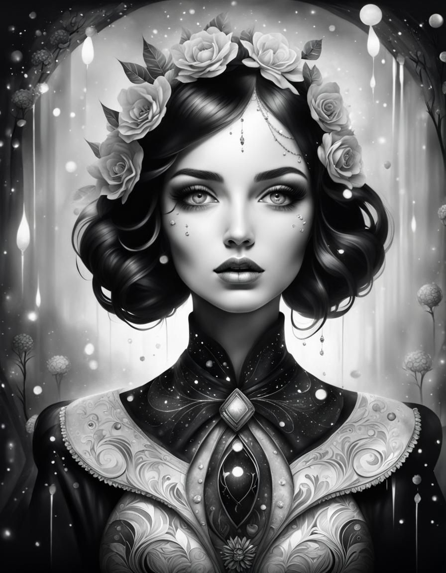 Stylized Black and White Portrait in Mixed Media