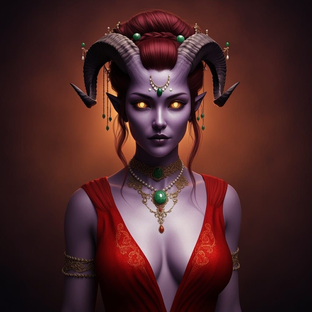 Elegant Tiefling Woman in Red Gown with Intricate Embroidery