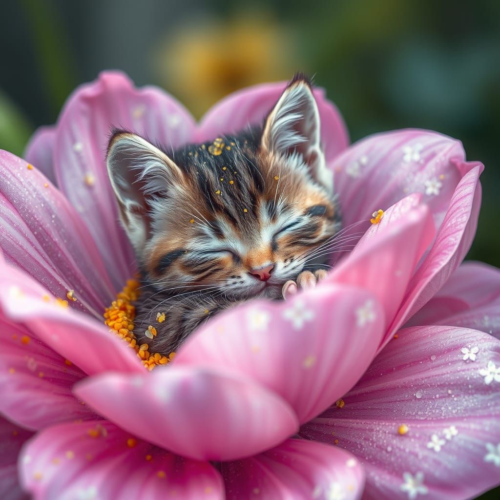Cute Kitten Sleeping in Giant Flower, Watercolour Pastel Art
