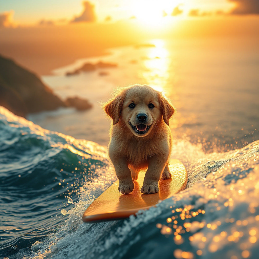 Golden Retriever Puppy Surfing Sunset Wave, Digital Art