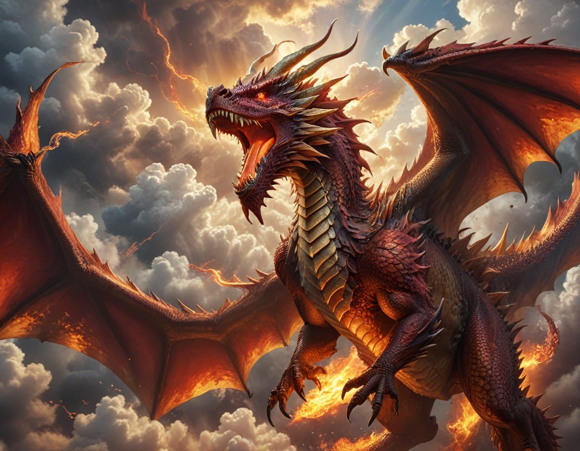 Red Dragon Flying Through Clouds in Digital Painting