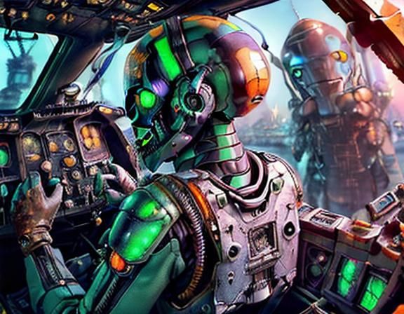 Biopunk Pilot in Copperpunk Cockpit, Hyperdetailed Realism