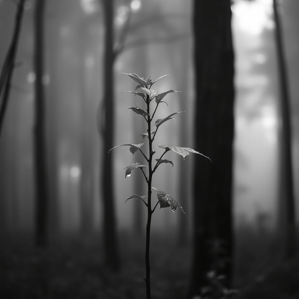 Young Tree in Misty Forest Rain