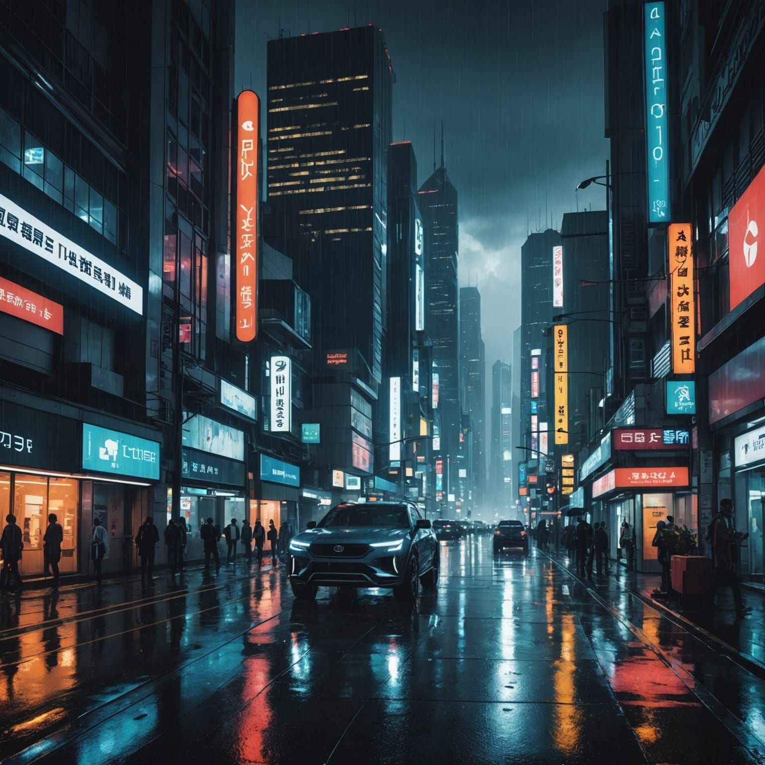 Futuristic Cityscape at Rainy Night