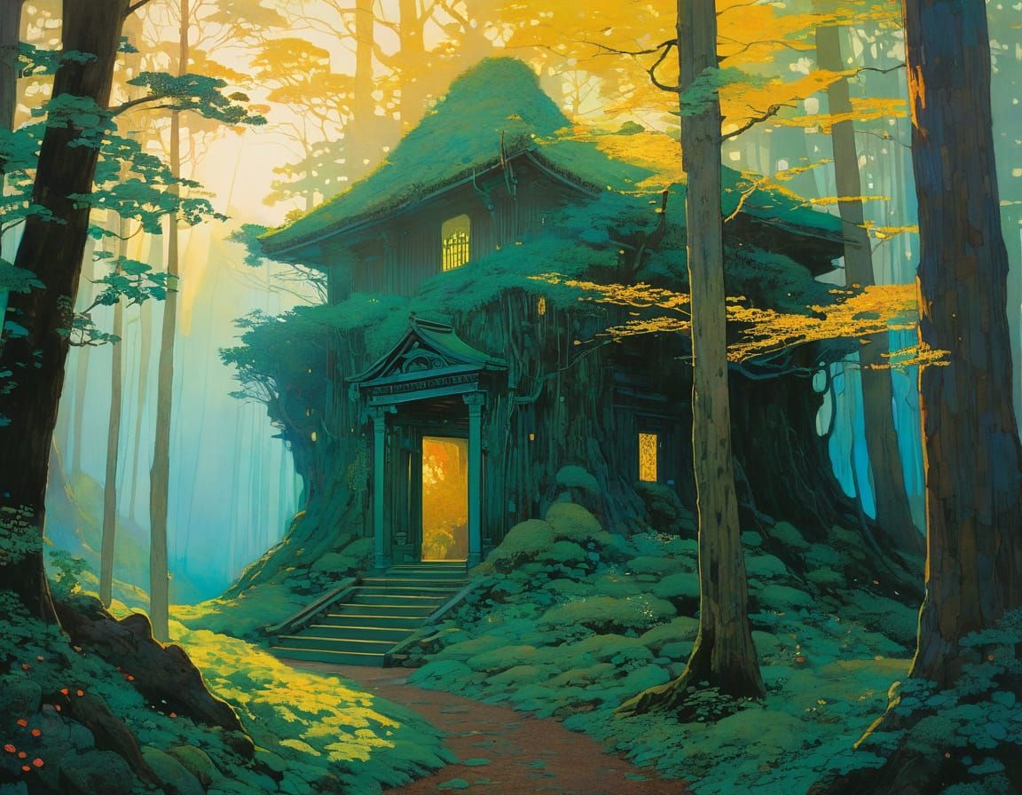 Mysterious Forest Shrine in Art Nouveau Style