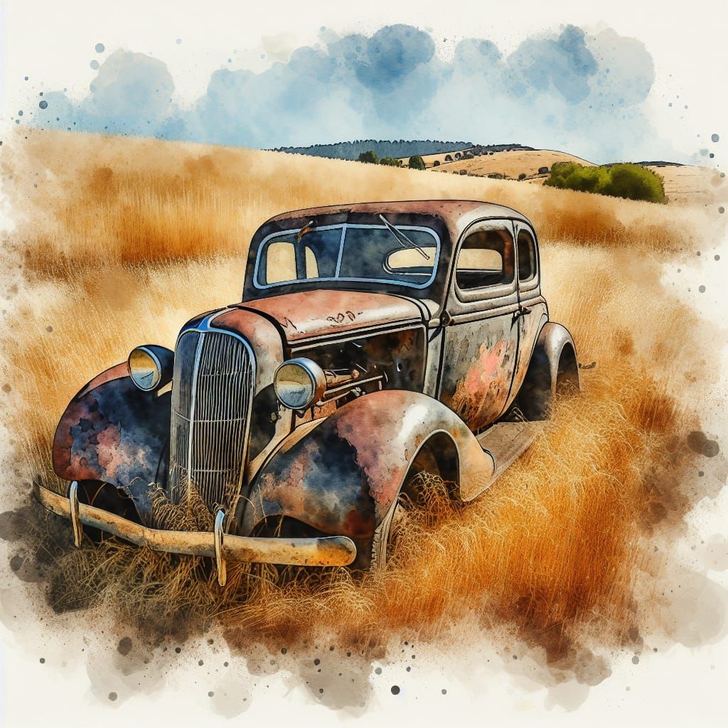 Rusted 1930s Car in Golden Field, Watercolor Style