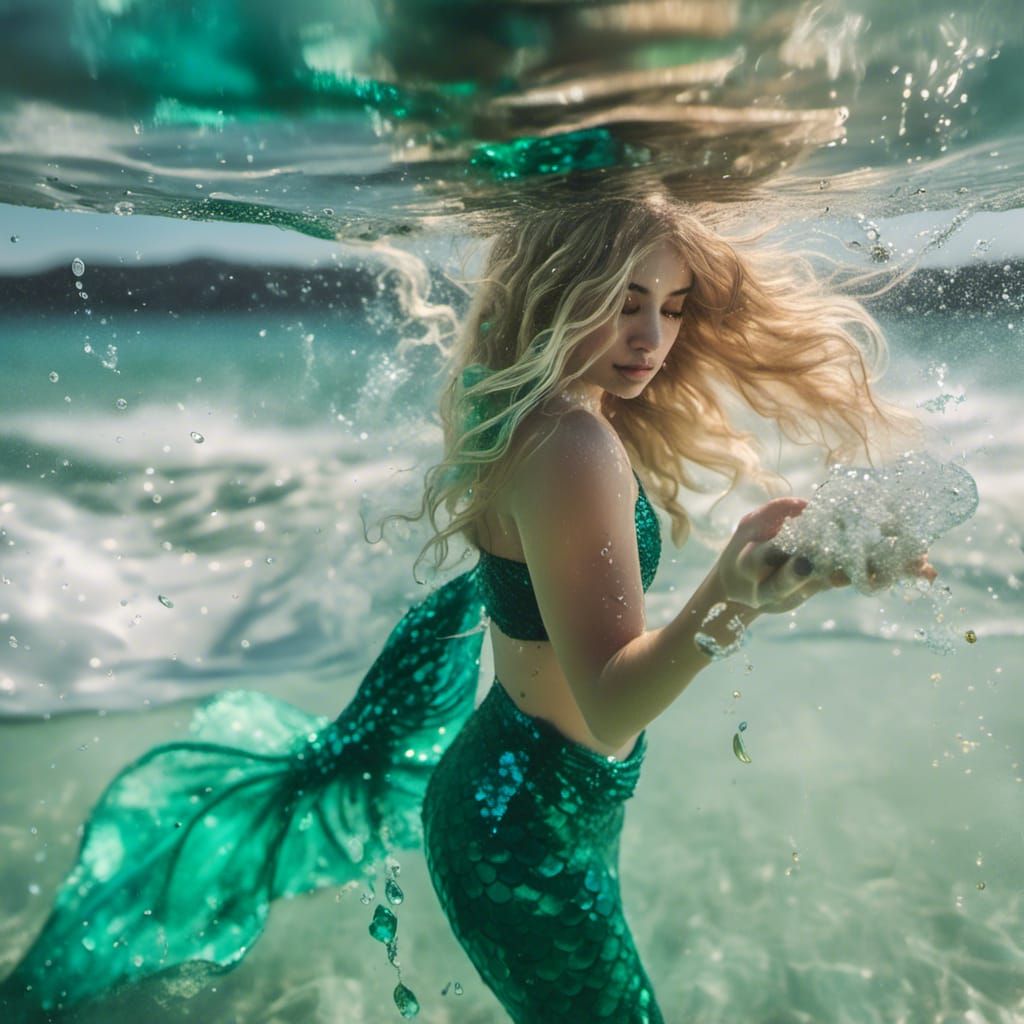 Blonde Mermaid with Emerald Tail, Professional Photography