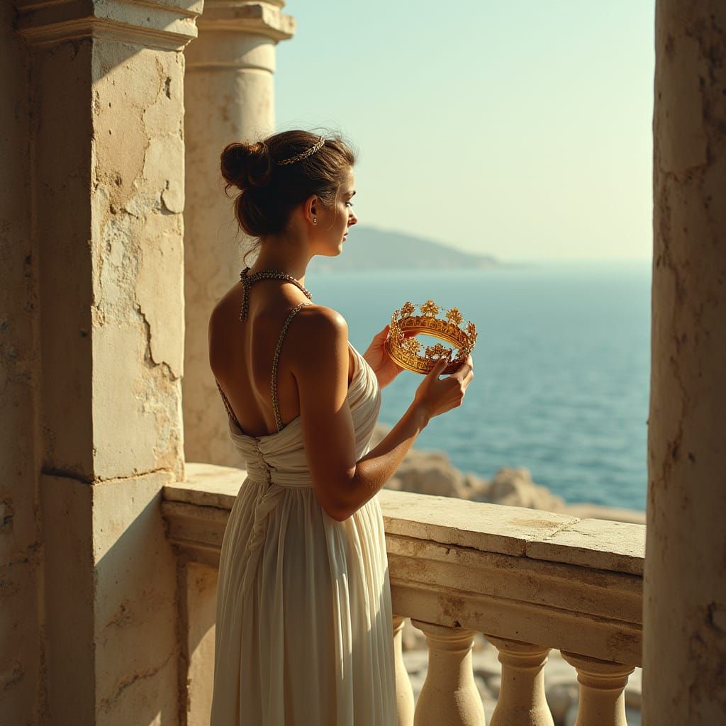 Greek Woman on Balcony Overlooking Aegean Sea