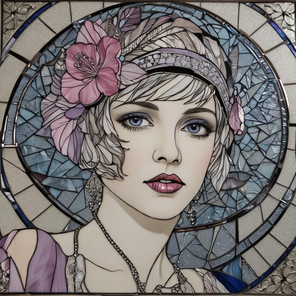 Stained Glass Mosaic of a Flapper Portrait