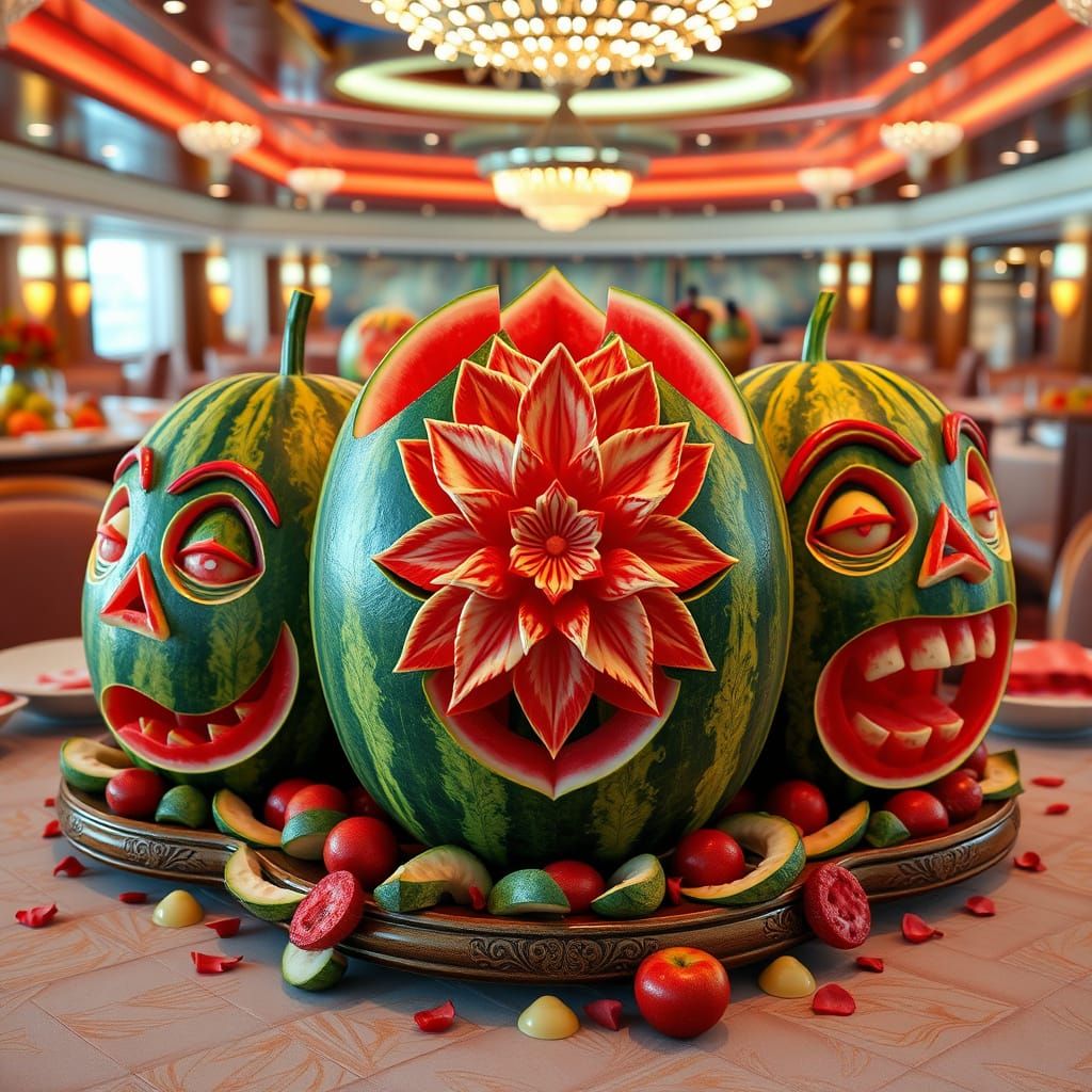 Vibrant Watermelon Carvings on Cruise Ship Buffet