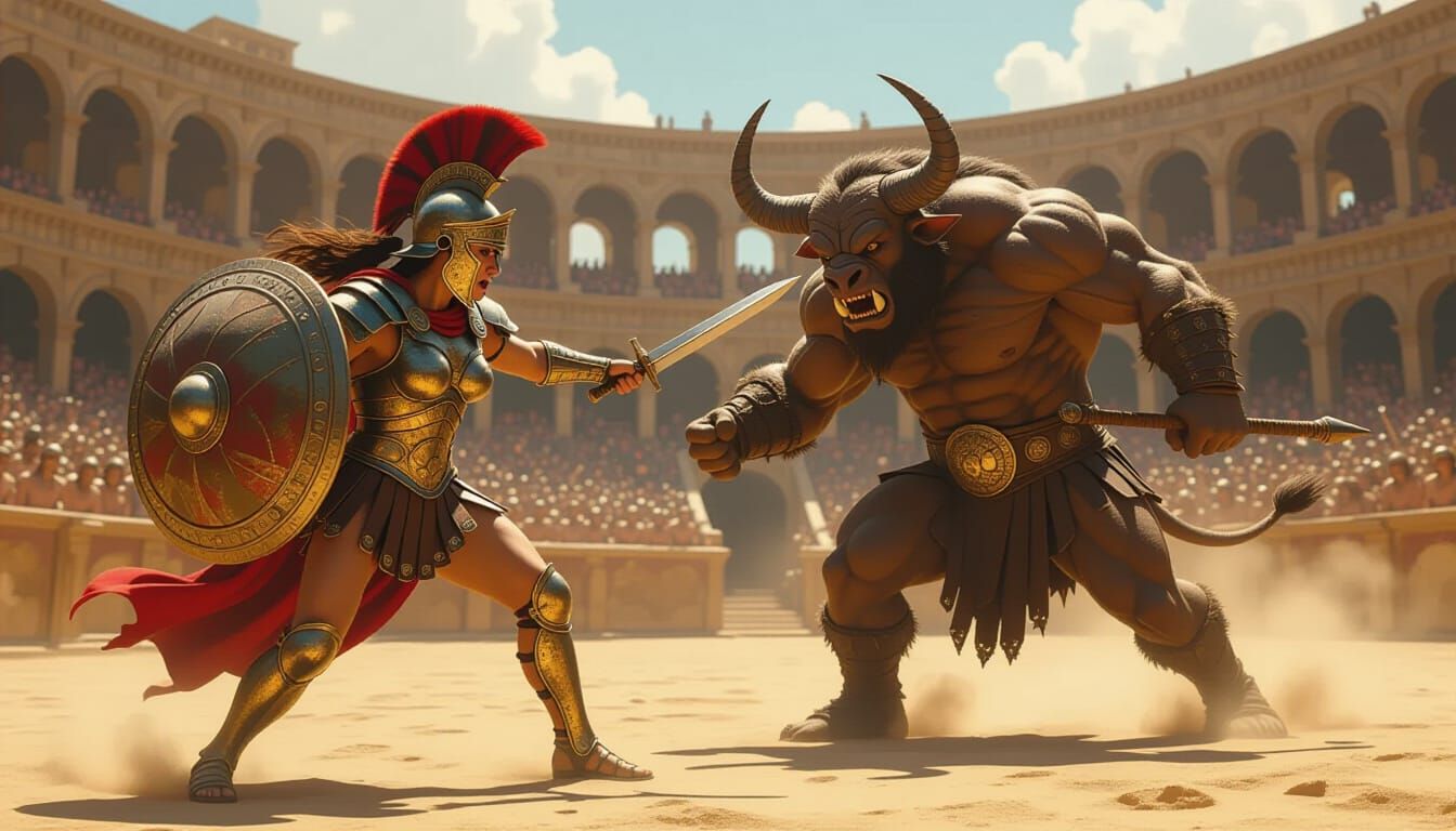 Gladiatrix Fights Minotaur in Sunlit Coliseum