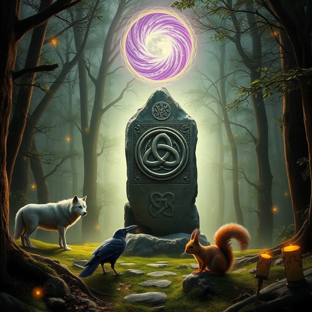 Mystical Celtic Stone in Enchanted Forest