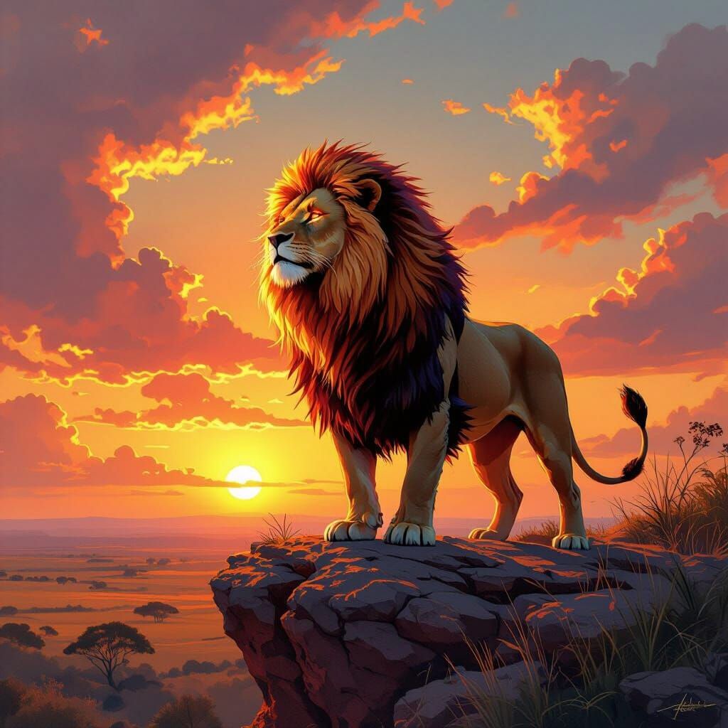 Lion with Fiery Mane in Detailed Fantasy Art