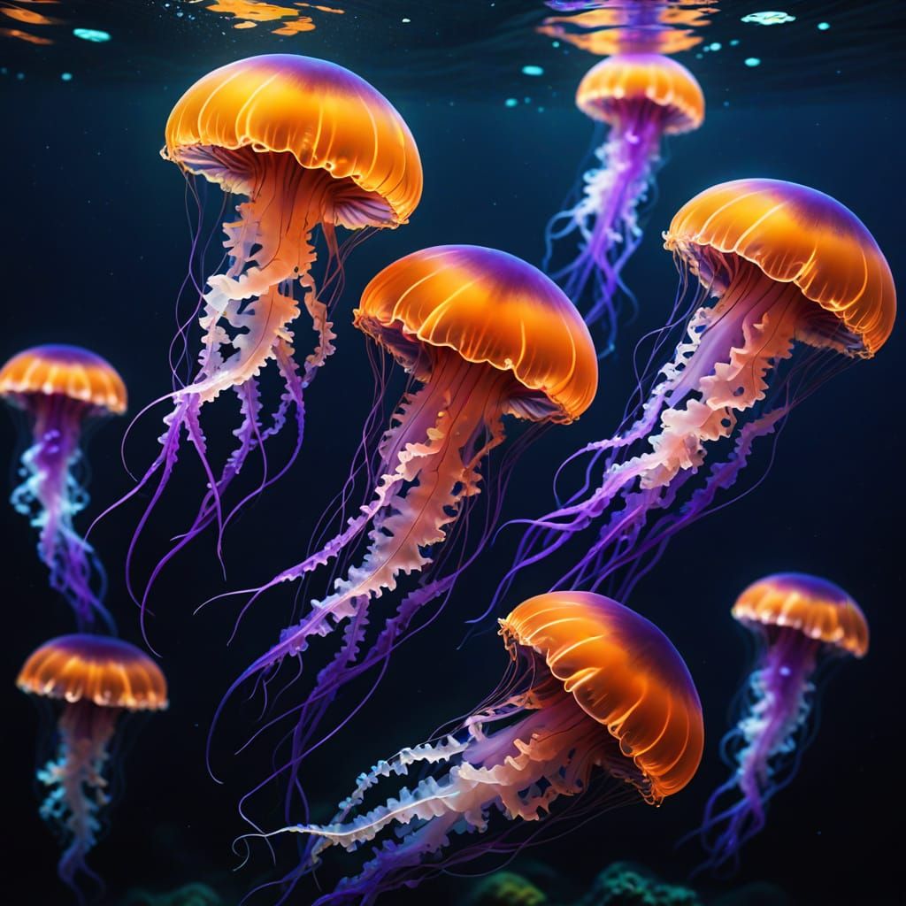 Majestic Bioluminescent Jellyfish in Dark Purple Abyss