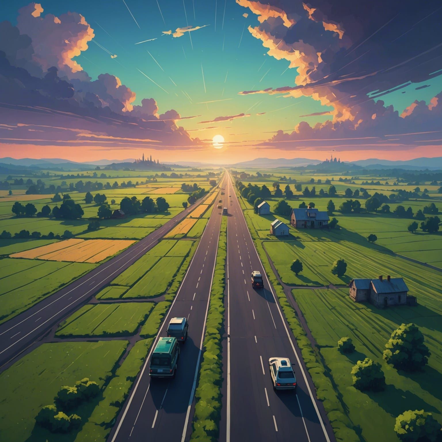 Endless Highway Through Fields: Retro Dystopian Art
