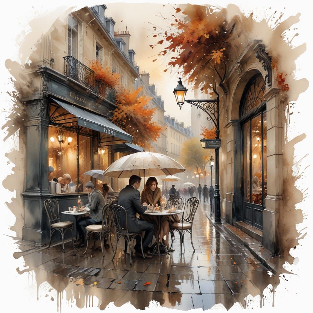 Rainy Autumn Evening at Paris Café: Watercolor