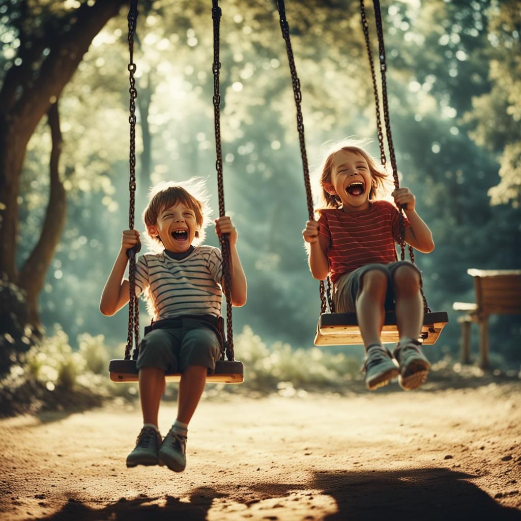 Laughing Children Swinging: Cinematic Film Still