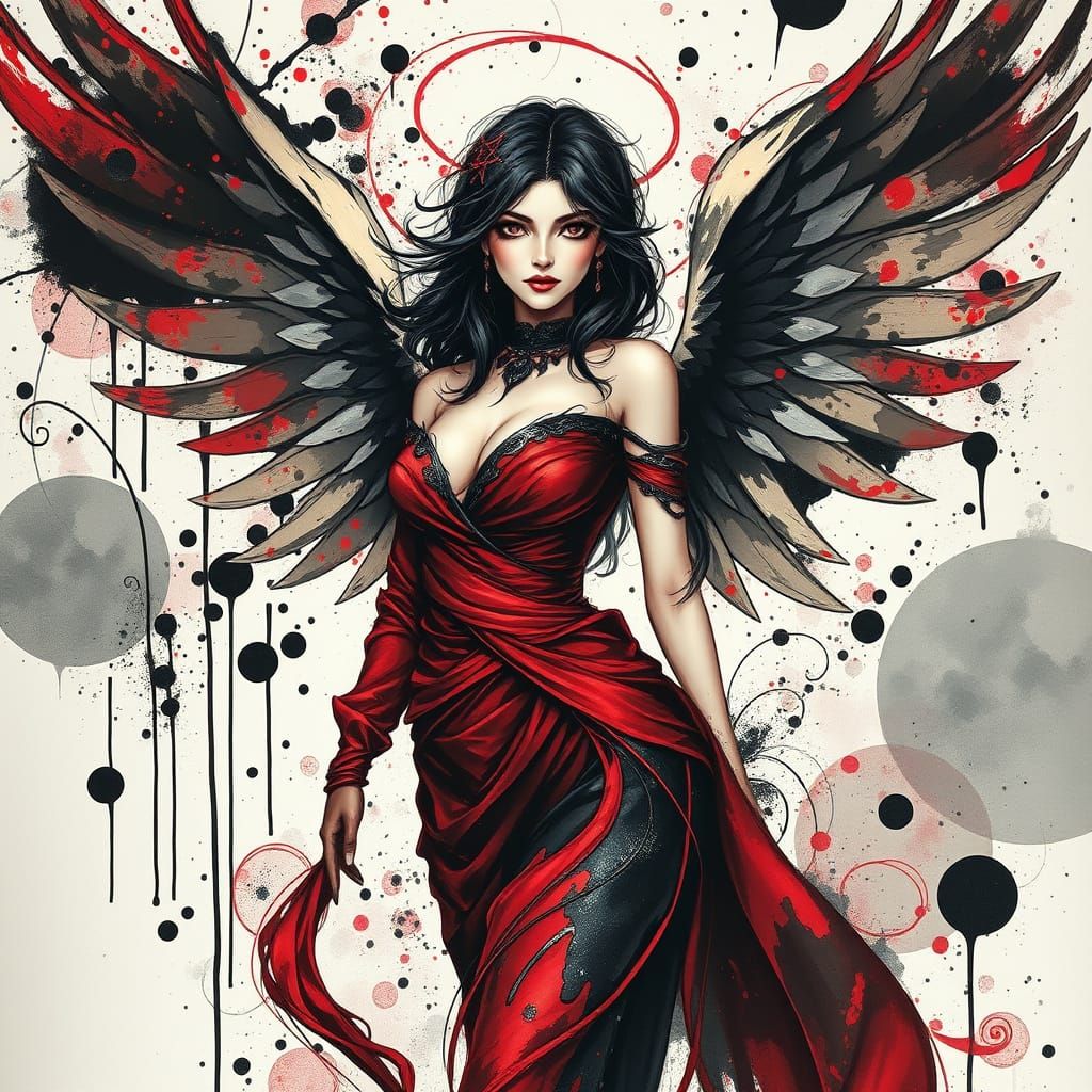 Dramatic Angel in Red and Black Ink