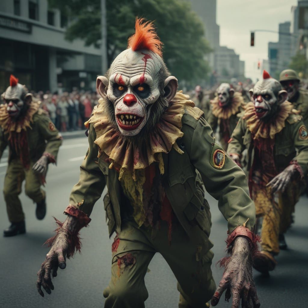 Zombie Monkey Clown Military Parade in Cinematic Style